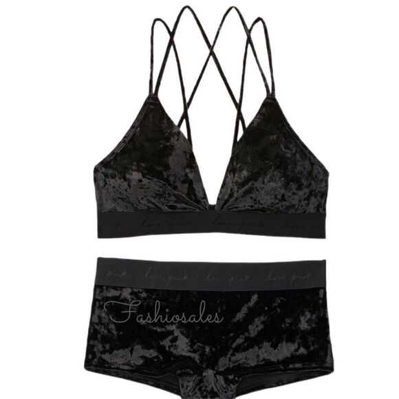 Victorias Secret Pink Set Velvet Lightly Lined Strappy bralette XL & boy short L - Picture 9 of 9